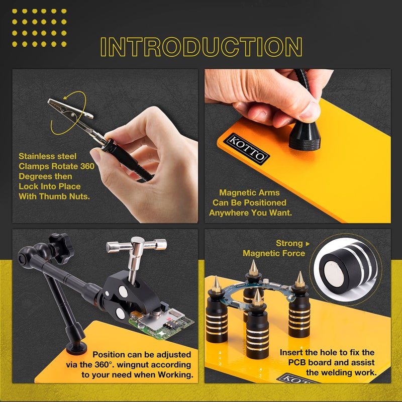 KOTTO LED Lighted Magnifying Third Hand Soldering PCB Holder Tool Five Arms Helping Hands Crafts Jewelry Hobby Workshop Helping Station Non-slip weighted base, LED Lamp - Image 5